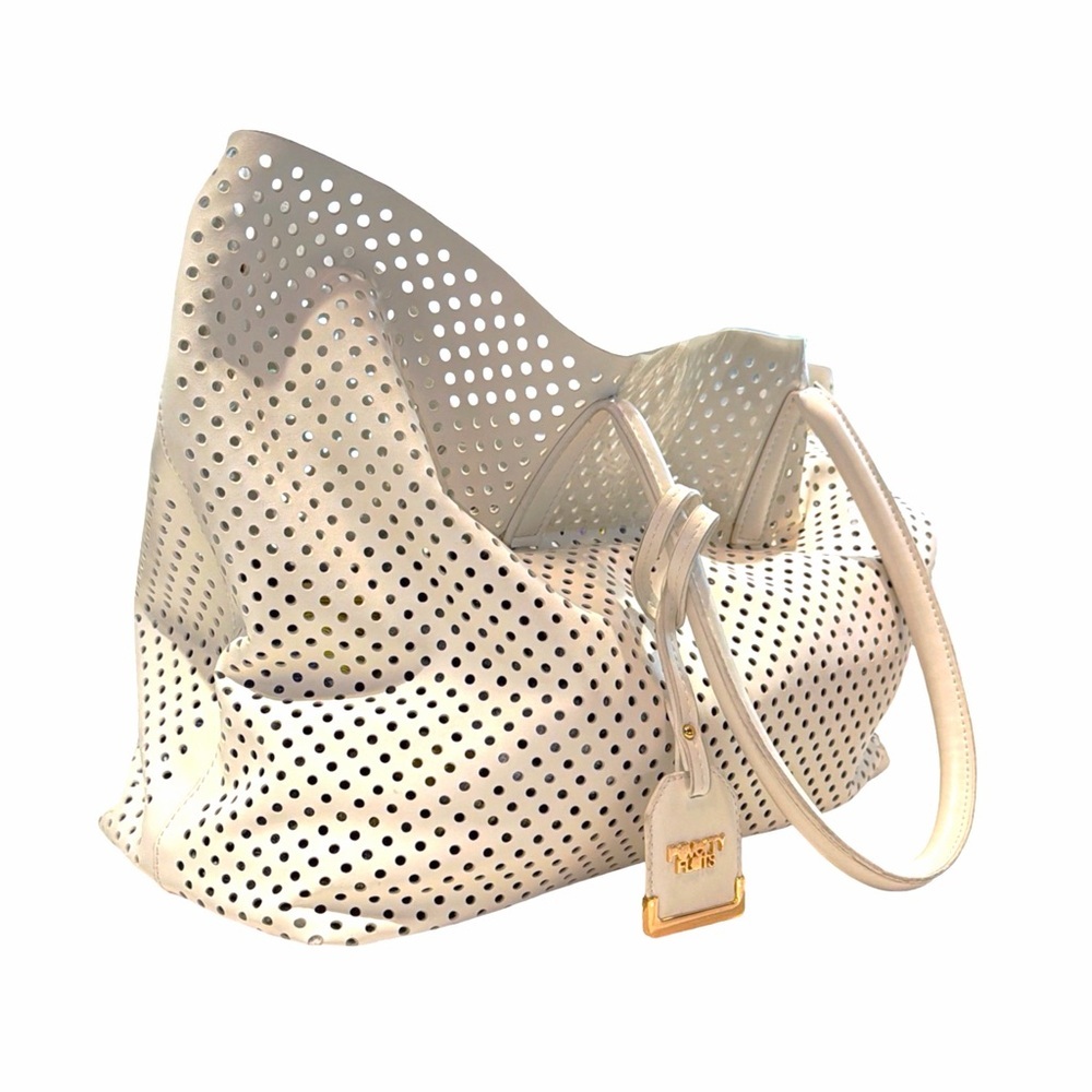 Poverty Flats Perforated White Tote Bag w/ Removable Insert Beach Resort Handbag - Picture 2 of 14